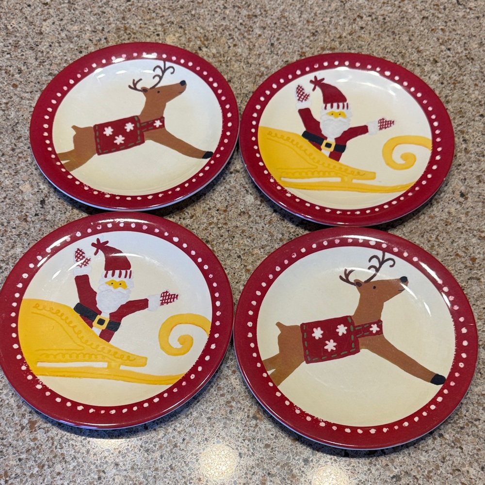Pottery Barn Kids Set of 4 Festive Reindeer and Santa Holiday Melamine Plates